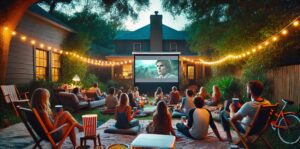 A projector shows a movie in an outdoor scene at a person's home